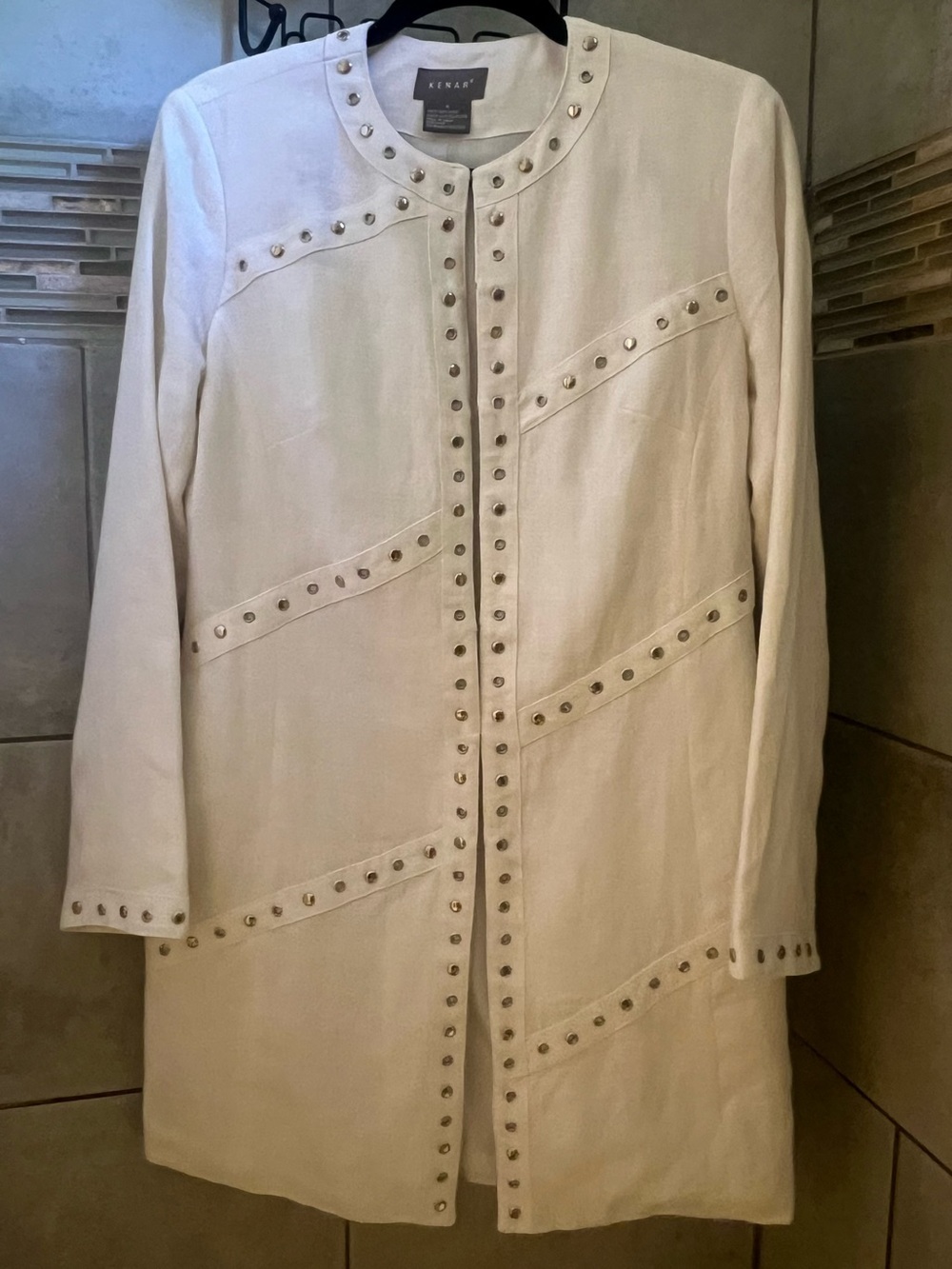 Kenar Ivory Stud-Trim Long Linen Coat